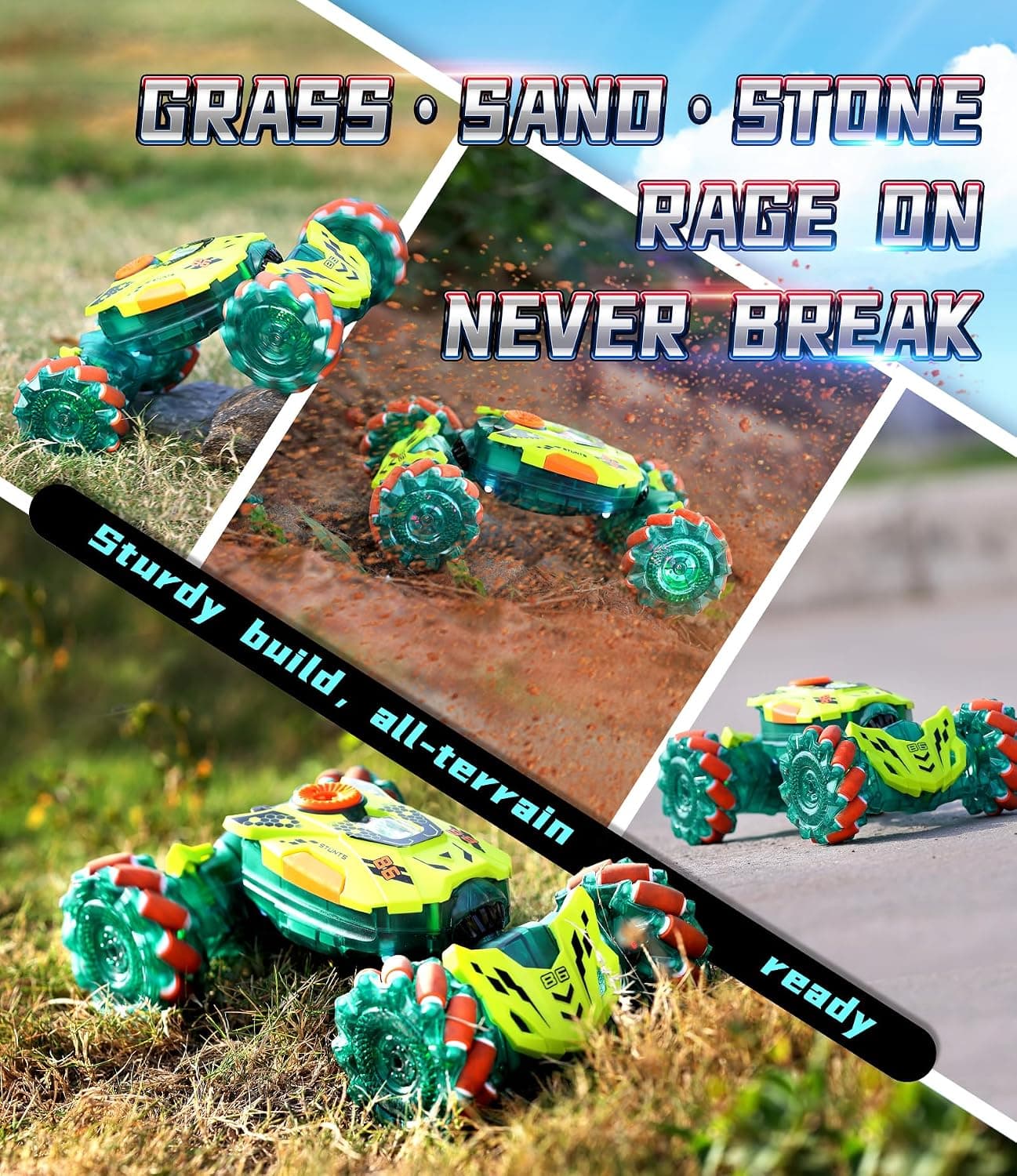 A ALPHA Remote Controlled Children's Car with Remote Control, 4WD 360° Rotation Off-Road RC Stunt Car with LED Light, 2.4GHz Car with Remote Control from 4 5 6 7 8 9 10+ Years