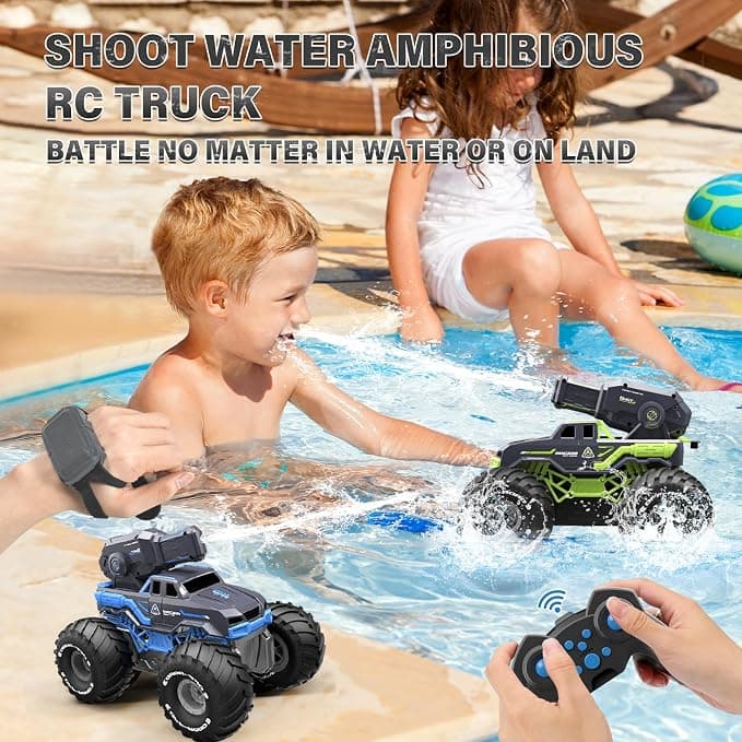 1:16 Amphibious Remote Control Car with Shooting Water Gun Gesture Sensing RC Car Boat Waterproof RC Tank Off-Road Stunt Car Toy Monster Truck for Outdoor Gift for Kids With 2 Replaceable Batteries