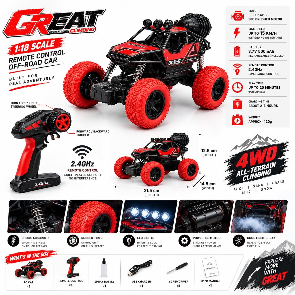 RC Off-Road Crawler Car 1:18 Scale, 4WD with LED Lights, Red