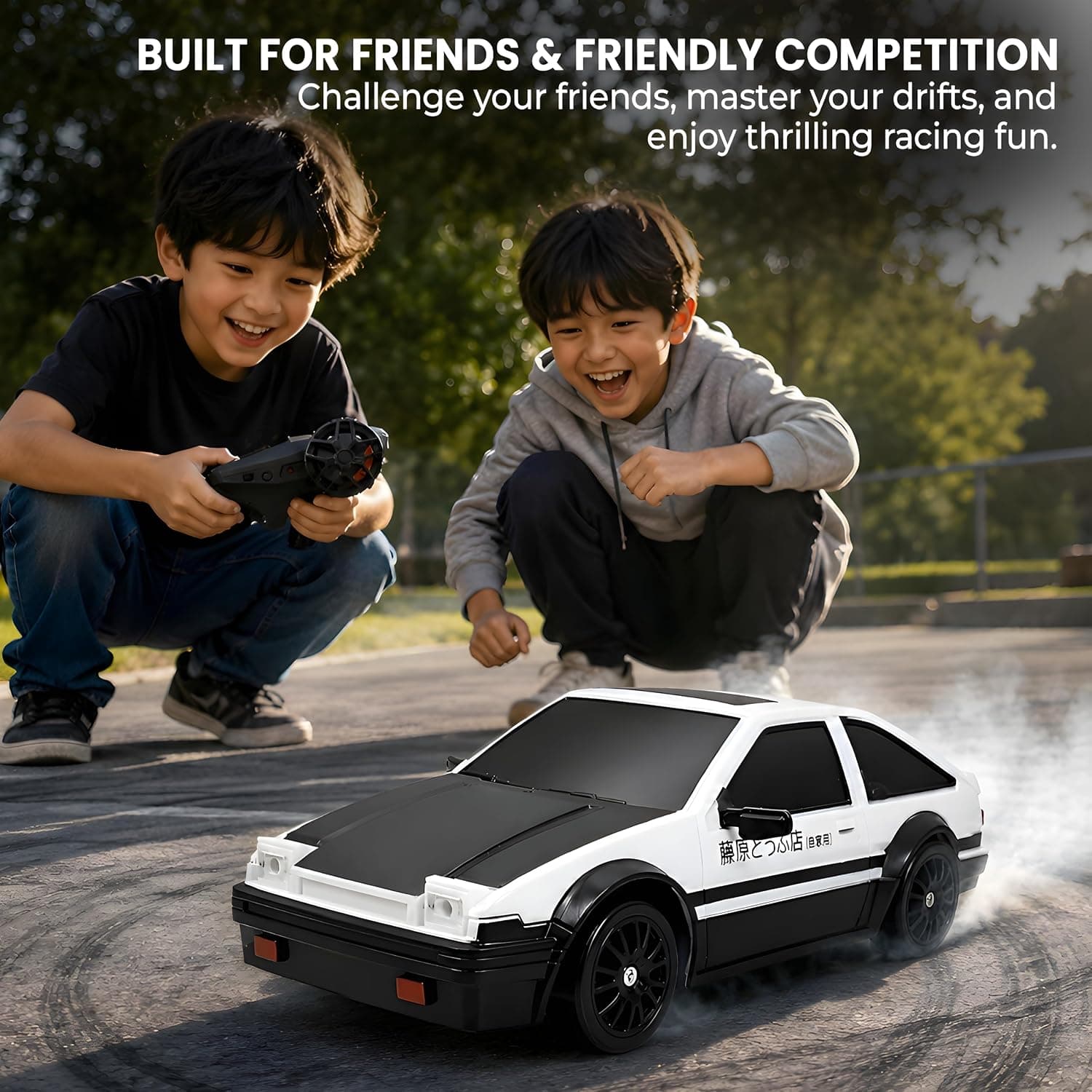 RC Drift Car for Kids, 2.4GHz Remote Control Car, 4WD Dual Motor, Unbreakable PVC Body, High Speed, 300+ Feet Range, LED Lights, Rechargeable, Extra Drift & Racing Tyres - White & Black