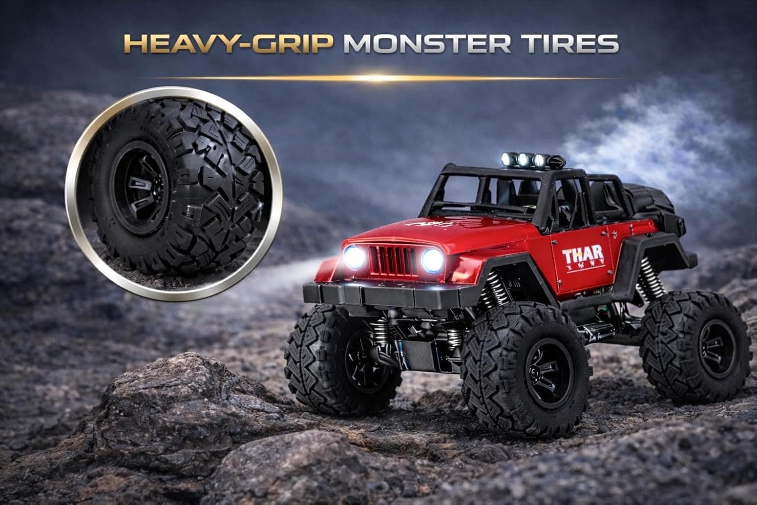 Thar Roxx Remote Control Car 1:12 Scale with Mist Spray, LED Lights, Music, 45° Climbing, Type-C Rechargeable Off-Road RC Monster Jeep Toy 4x4 (Red)