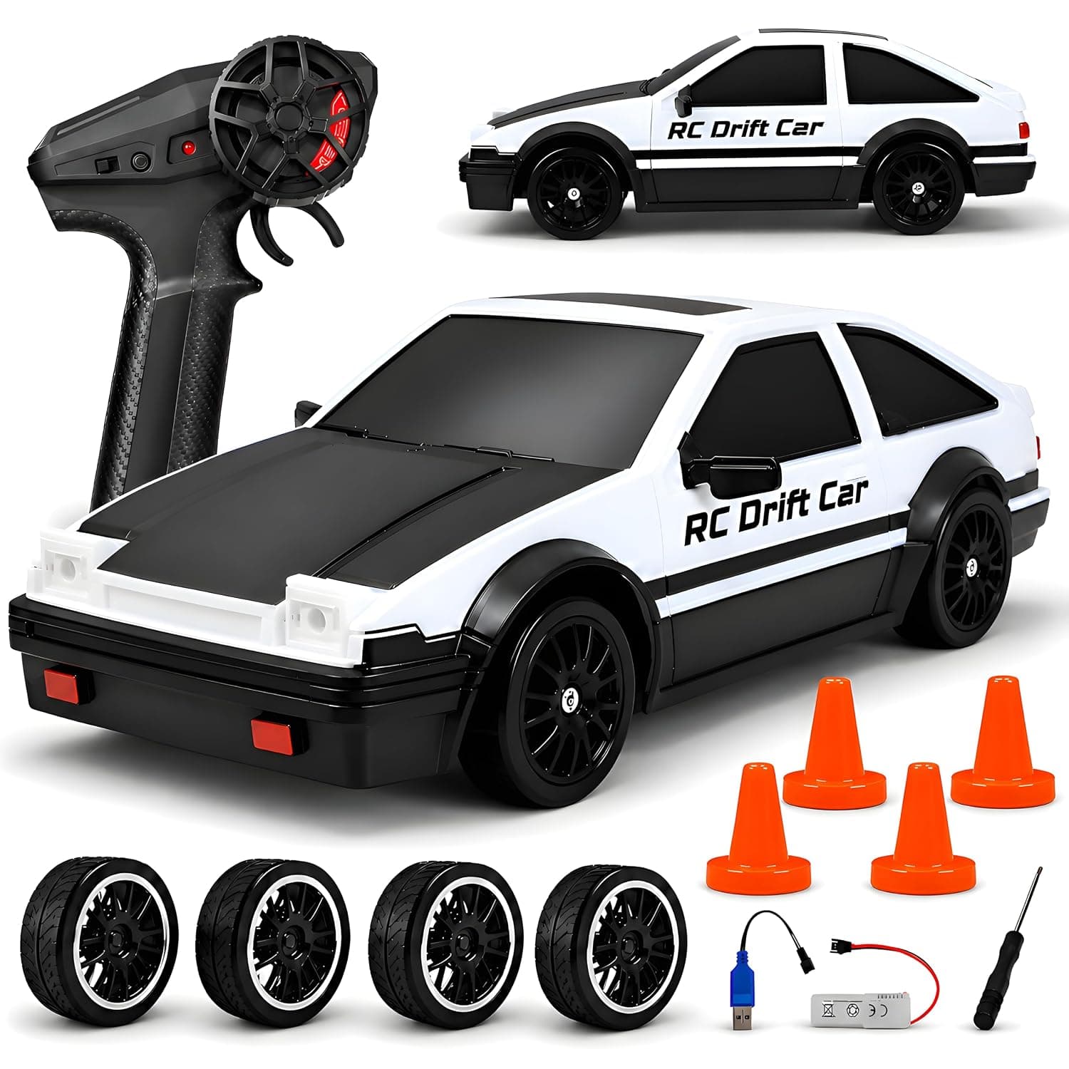 RC Drift Car for Kids, 2.4GHz Remote Control Car, 4WD Dual Motor, Unbreakable PVC Body, High Speed, 300+ Feet Range, LED Lights, Rechargeable, Extra Drift & Racing Tyres - White & Black