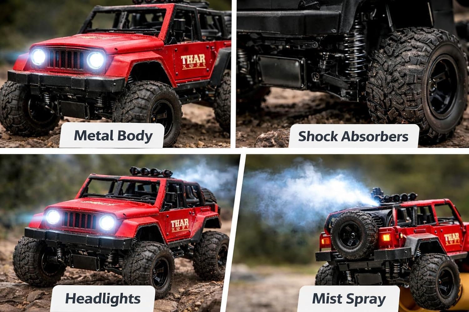 Thar Roxx Remote Control Car 1:12 Scale with Mist Spray, LED Lights, Music, 45° Climbing, Type-C Rechargeable Off-Road RC Monster Jeep Toy 4x4 (Red)