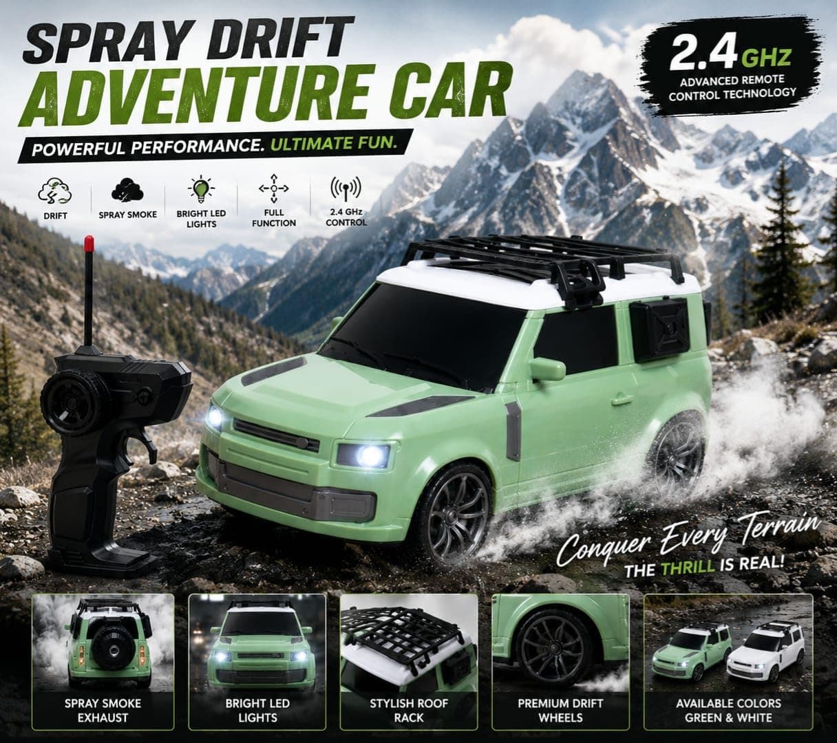 RC Defender Remote Control Car for Kids | 2.4GHz Rechargeable Off-Road SUV Toy Car with LED Lights, Full Function Control, High-Speed Racing Vehicle for Boys & Girls Age 3+ (Green)