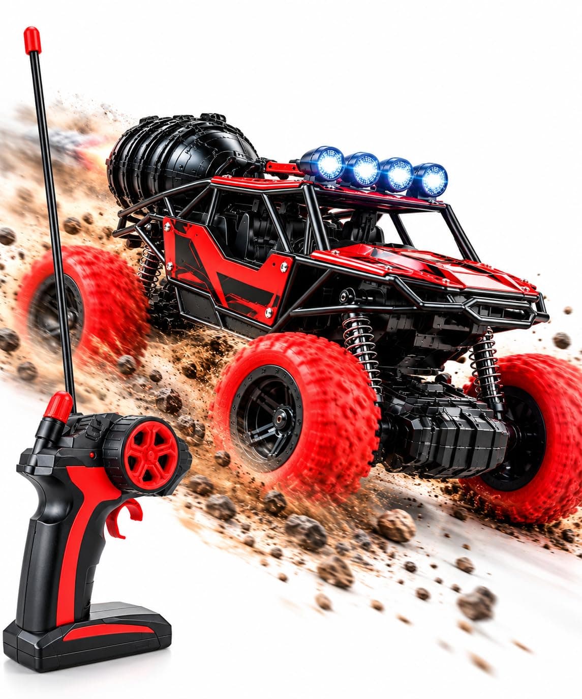 RC Off-Road Crawler Car 1:18 Scale, 4WD with LED Lights, Red