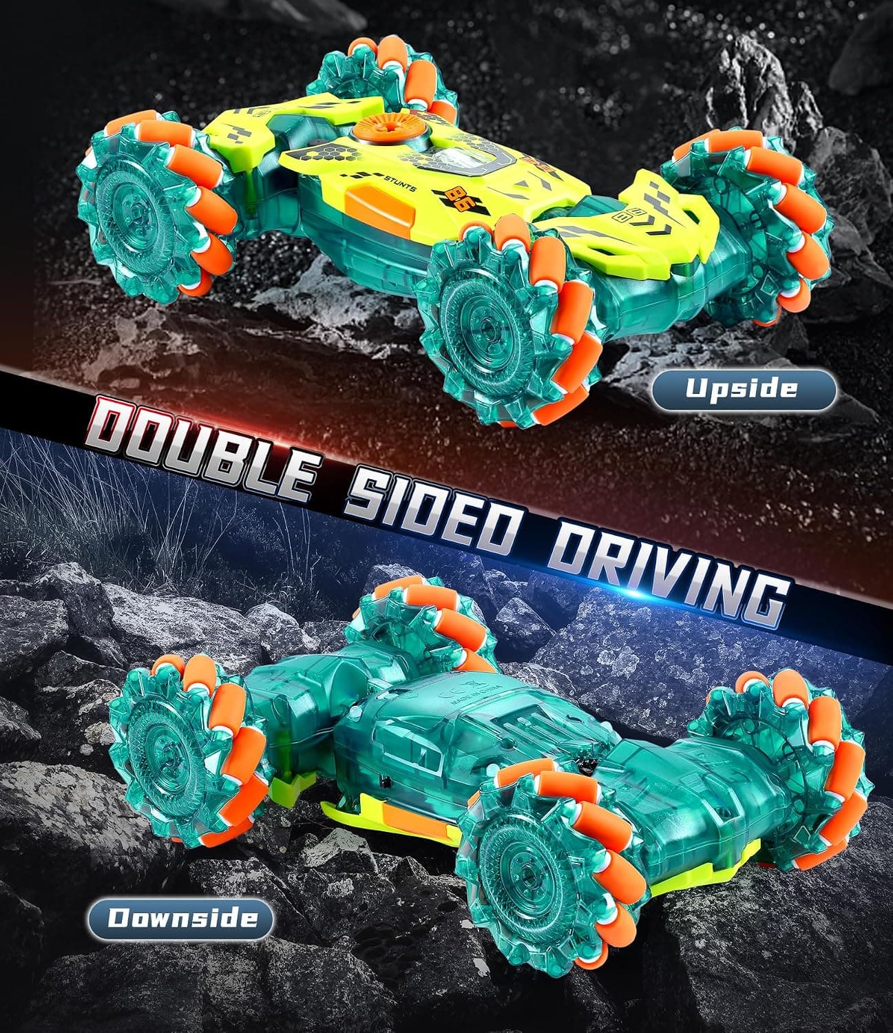 A ALPHA Remote Controlled Children's Car with Remote Control, 4WD 360° Rotation Off-Road RC Stunt Car with LED Light, 2.4GHz Car with Remote Control from 4 5 6 7 8 9 10+ Years