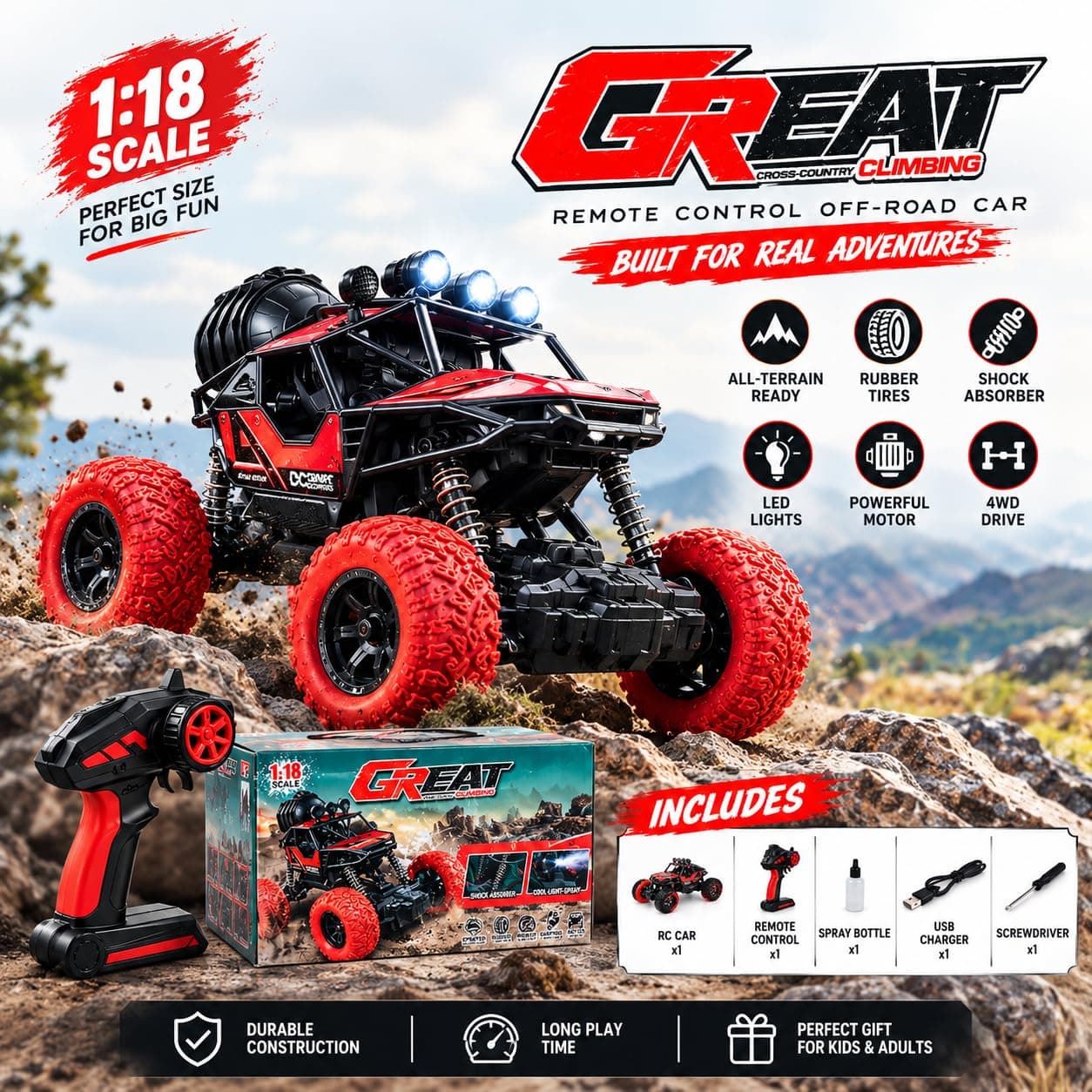 RC Off-Road Crawler Car 1:18 Scale, 4WD with LED Lights, Red
