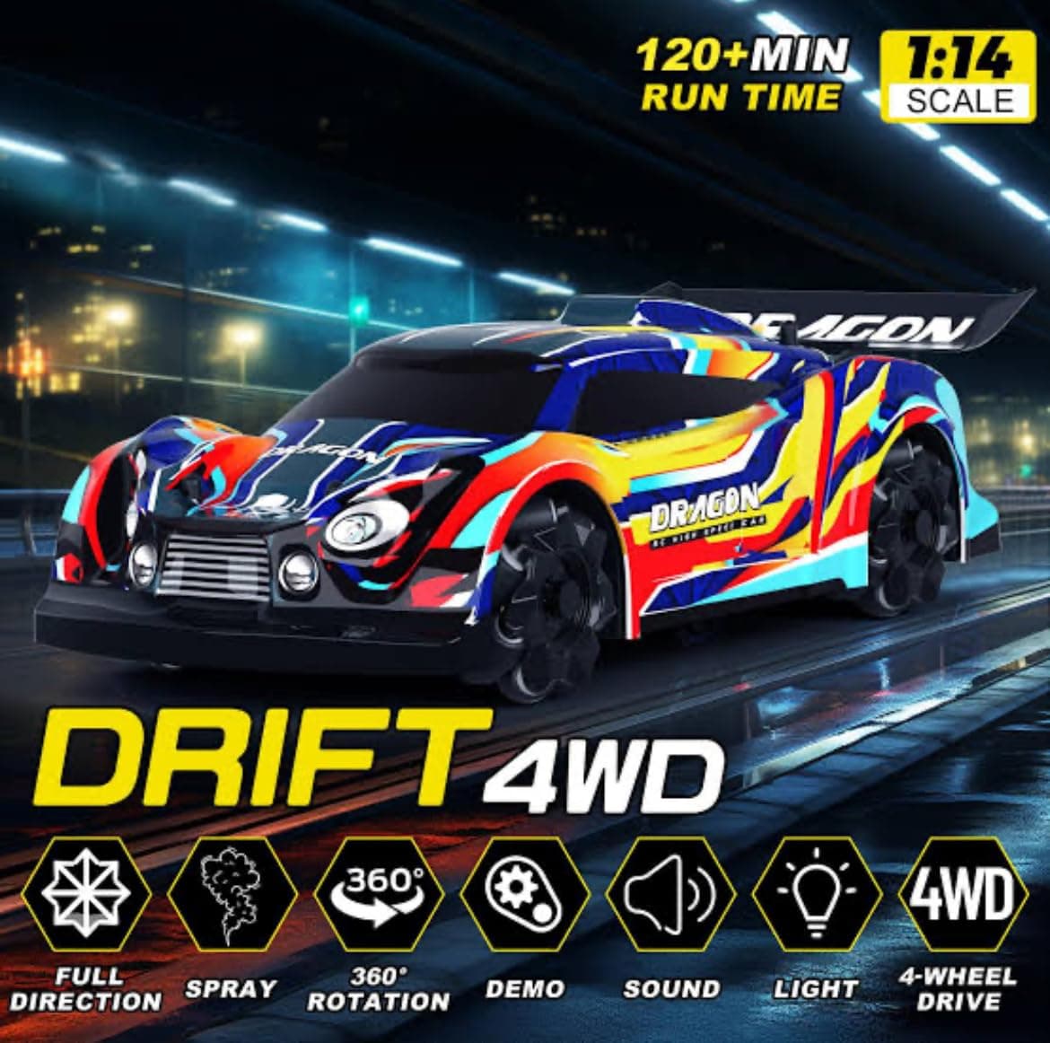 Dragon RC Drift Car with LED Lights & Mist Spray | 2.4GHz Remote-Controlled Stunt Vehicle | 360° Drifting & Spinning Action | Interactive Racing Toy for Kids Ages 3+