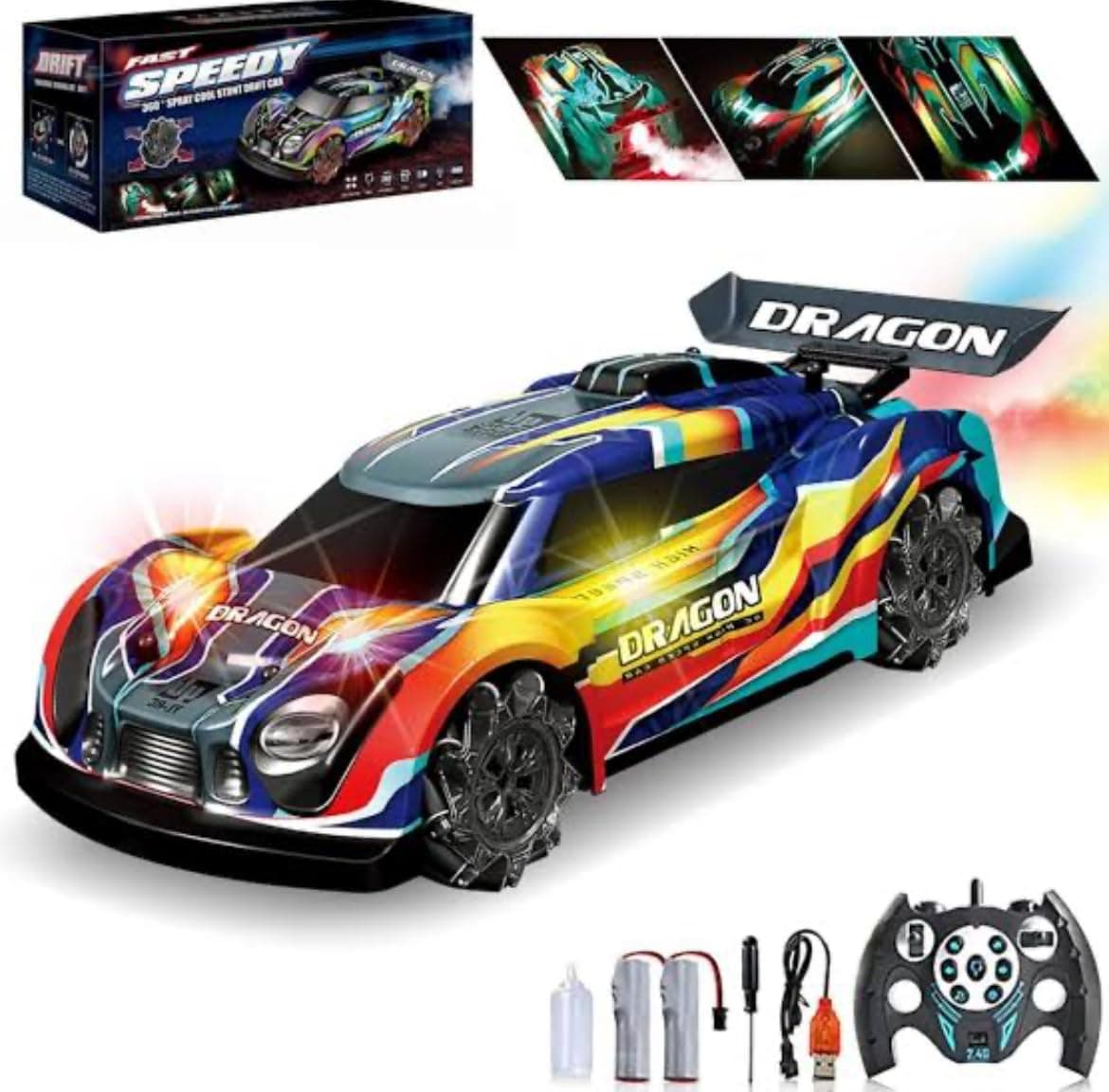 Dragon RC Drift Car with LED Lights & Mist Spray | 2.4GHz Remote-Controlled Stunt Vehicle | 360° Drifting & Spinning Action | Interactive Racing Toy for Kids Ages 3+