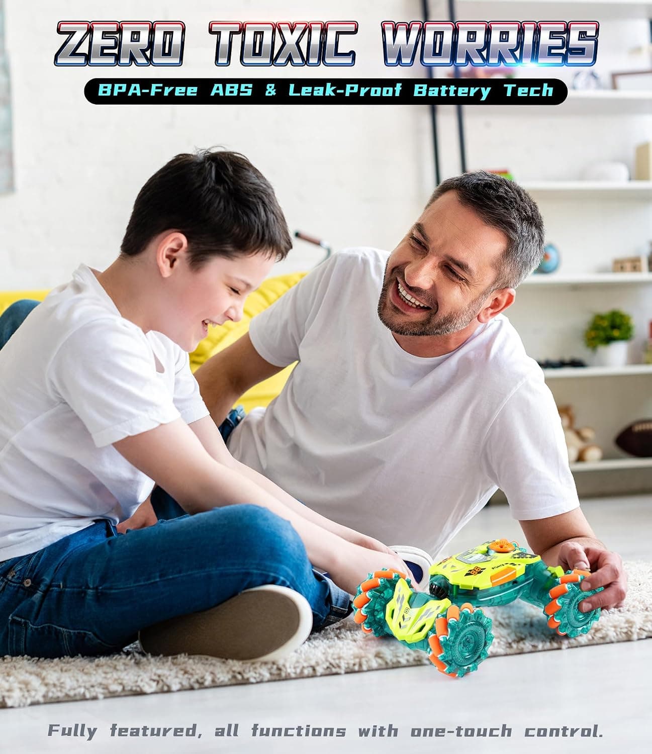 A ALPHA Remote Controlled Children's Car with Remote Control, 4WD 360° Rotation Off-Road RC Stunt Car with LED Light, 2.4GHz Car with Remote Control from 4 5 6 7 8 9 10+ Years