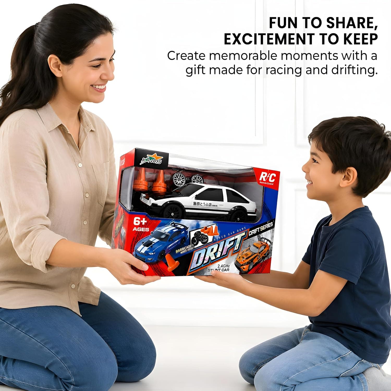 RC Drift Car for Kids, 2.4GHz Remote Control Car, 4WD Dual Motor, Unbreakable PVC Body, High Speed, 300+ Feet Range, LED Lights, Rechargeable, Extra Drift & Racing Tyres - White & Black