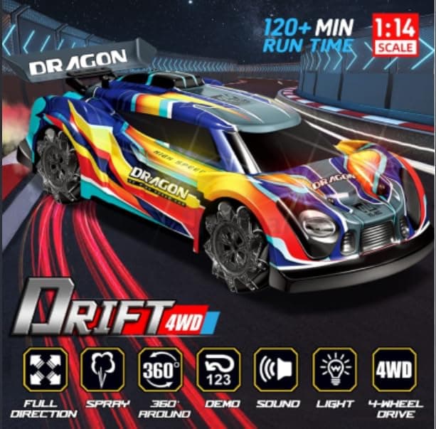 Dragon RC Drift Car with LED Lights & Mist Spray | 2.4GHz Remote-Controlled Stunt Vehicle | 360° Drifting & Spinning Action | Interactive Racing Toy for Kids Ages 3+