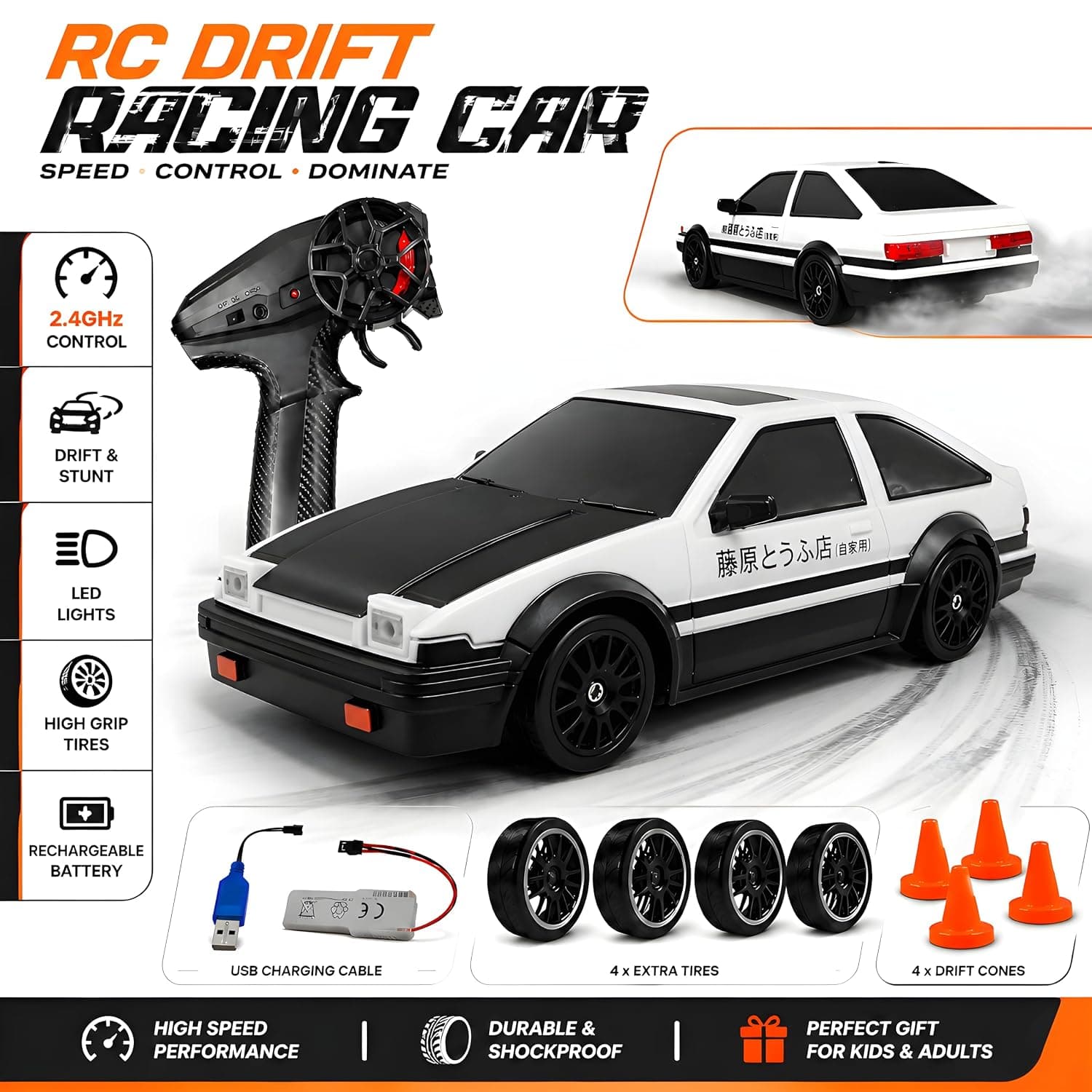 RC Drift Car for Kids, 2.4GHz Remote Control Car, 4WD Dual Motor, Unbreakable PVC Body, High Speed, 300+ Feet Range, LED Lights, Rechargeable, Extra Drift & Racing Tyres - White & Black
