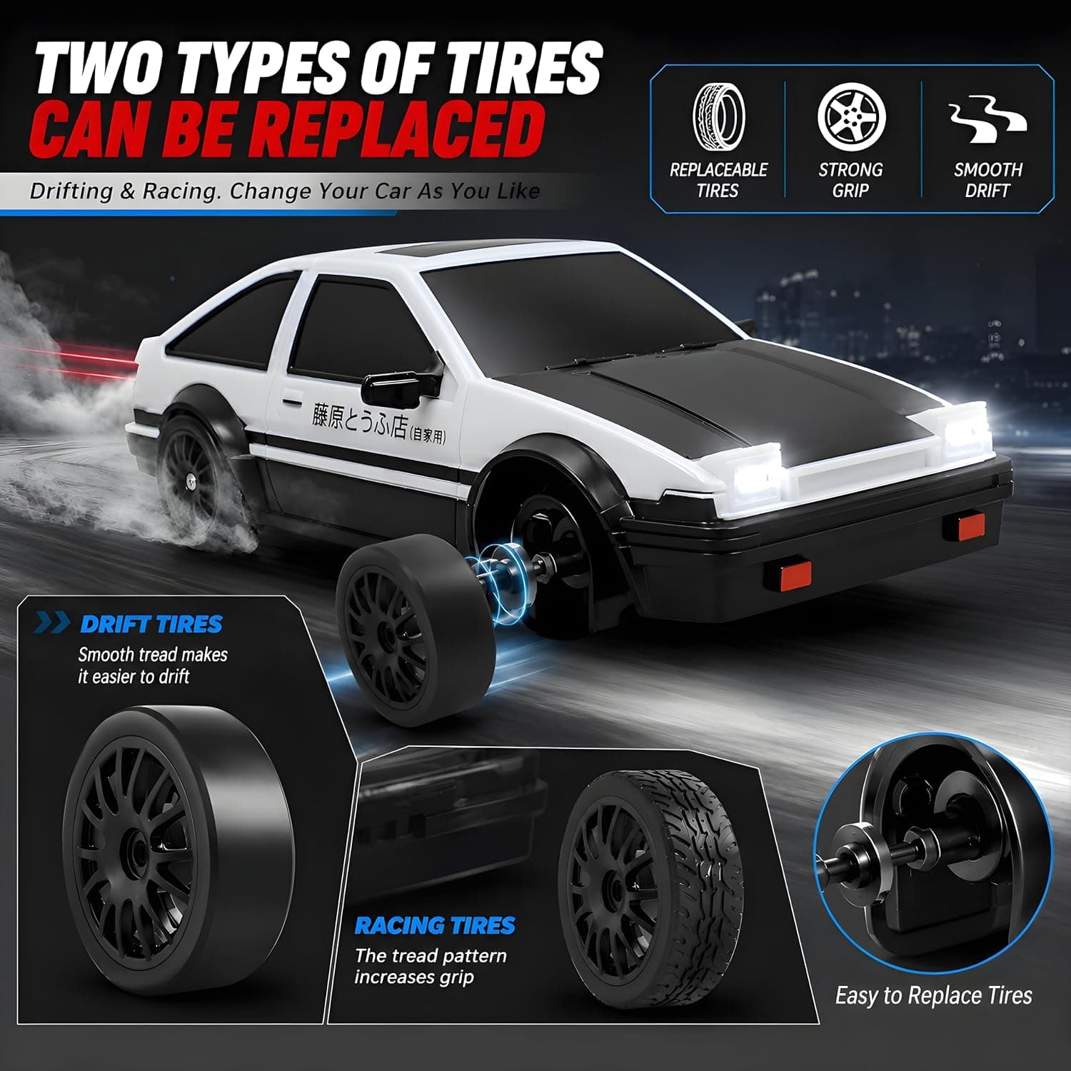 RC Drift Car for Kids, 2.4GHz Remote Control Car, 4WD Dual Motor, Unbreakable PVC Body, High Speed, 300+ Feet Range, LED Lights, Rechargeable, Extra Drift & Racing Tyres - White & Black