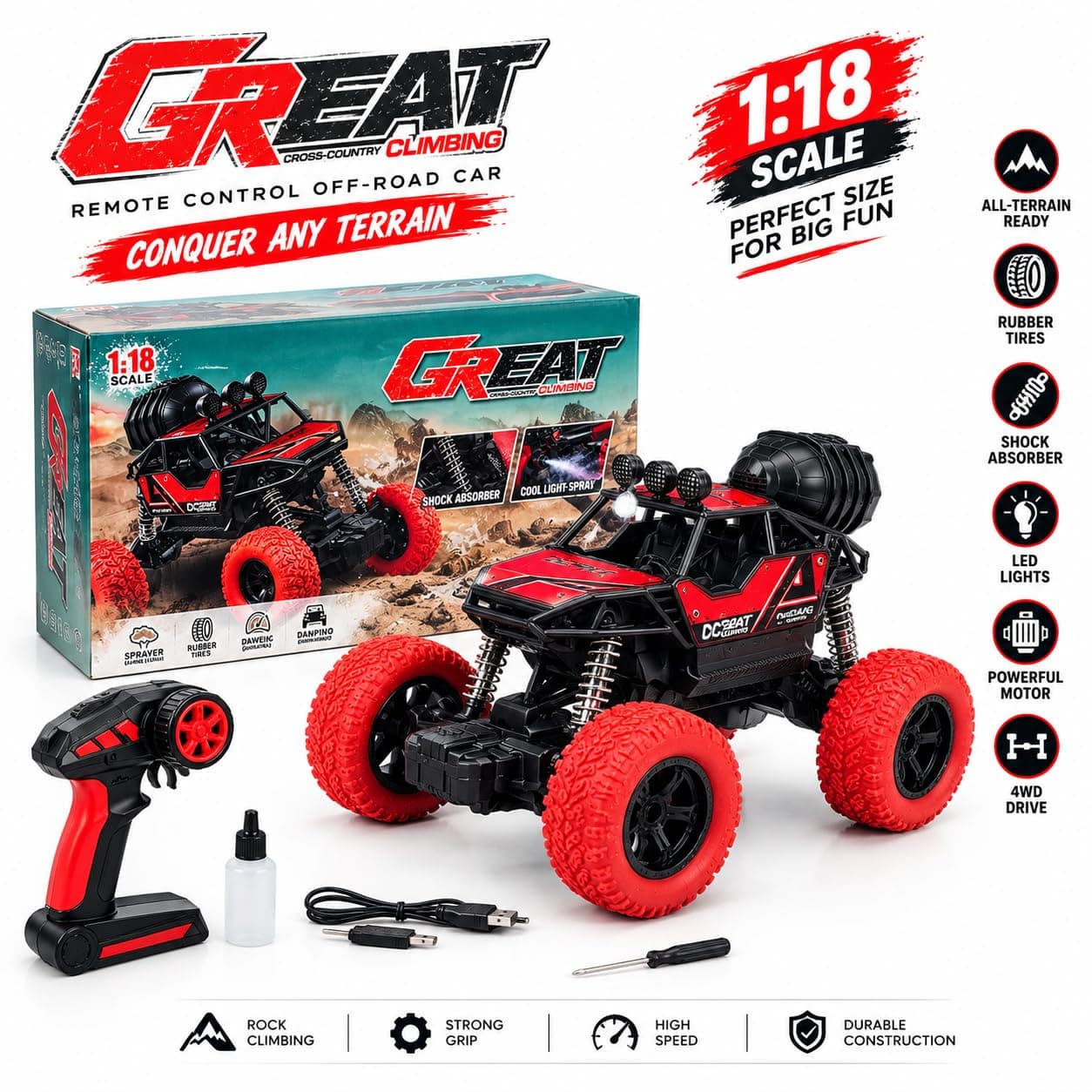 RC Off-Road Crawler Car 1:18 Scale, 4WD with LED Lights, Red