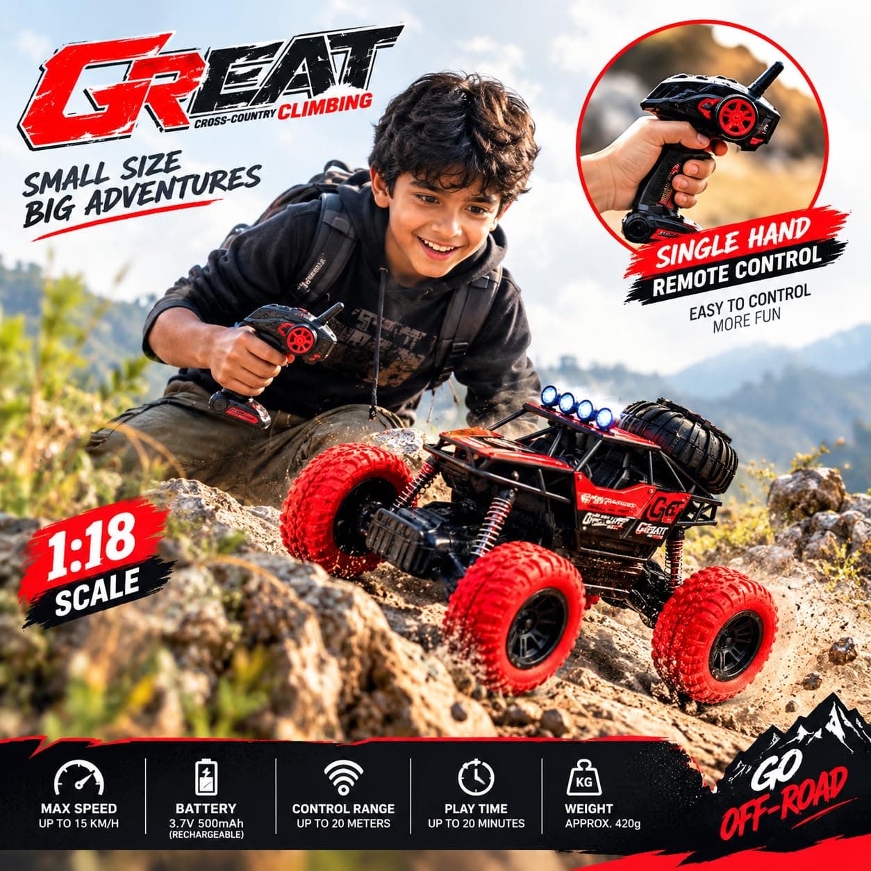 RC Off-Road Crawler Car 1:18 Scale, 4WD with LED Lights, Red
