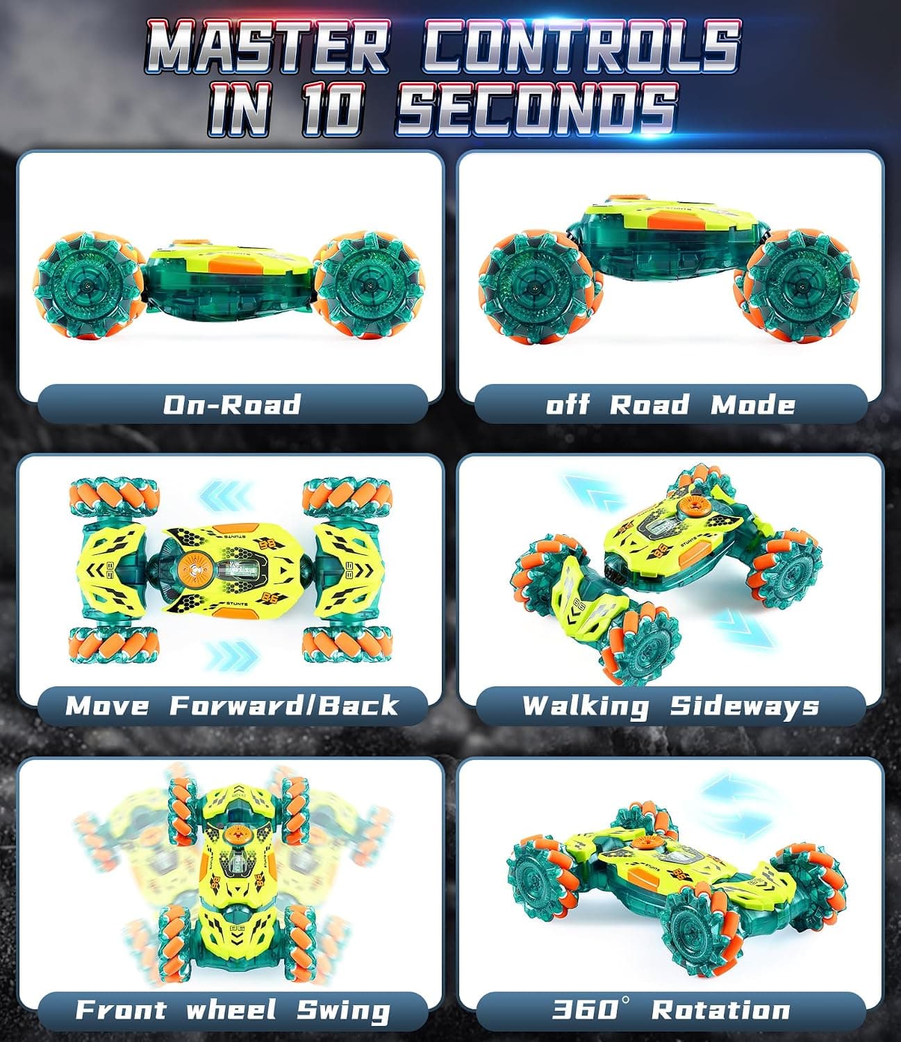 A ALPHA Remote Controlled Children's Car with Remote Control, 4WD 360° Rotation Off-Road RC Stunt Car with LED Light, 2.4GHz Car with Remote Control from 4 5 6 7 8 9 10+ Years