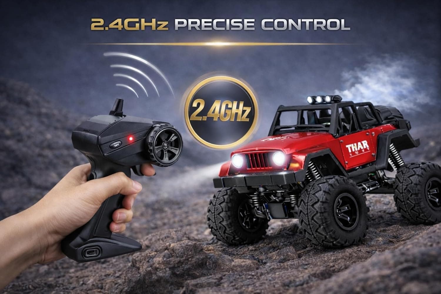 Thar Roxx Remote Control Car 1:12 Scale with Mist Spray, LED Lights, Music, 45° Climbing, Type-C Rechargeable Off-Road RC Monster Jeep Toy 4x4 (Red)