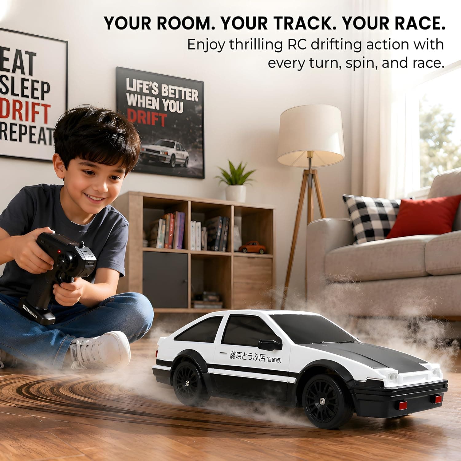 RC Drift Car for Kids, 2.4GHz Remote Control Car, 4WD Dual Motor, Unbreakable PVC Body, High Speed, 300+ Feet Range, LED Lights, Rechargeable, Extra Drift & Racing Tyres - White & Black