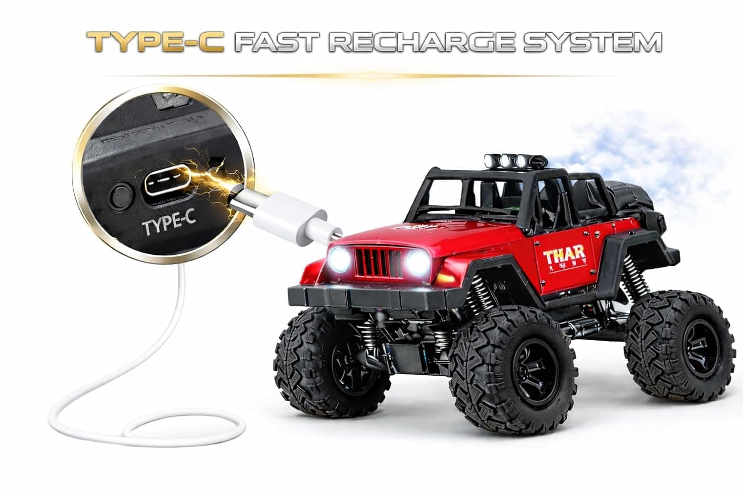 Thar Roxx Remote Control Car 1:12 Scale with Mist Spray, LED Lights, Music, 45° Climbing, Type-C Rechargeable Off-Road RC Monster Jeep Toy 4x4 (Red)