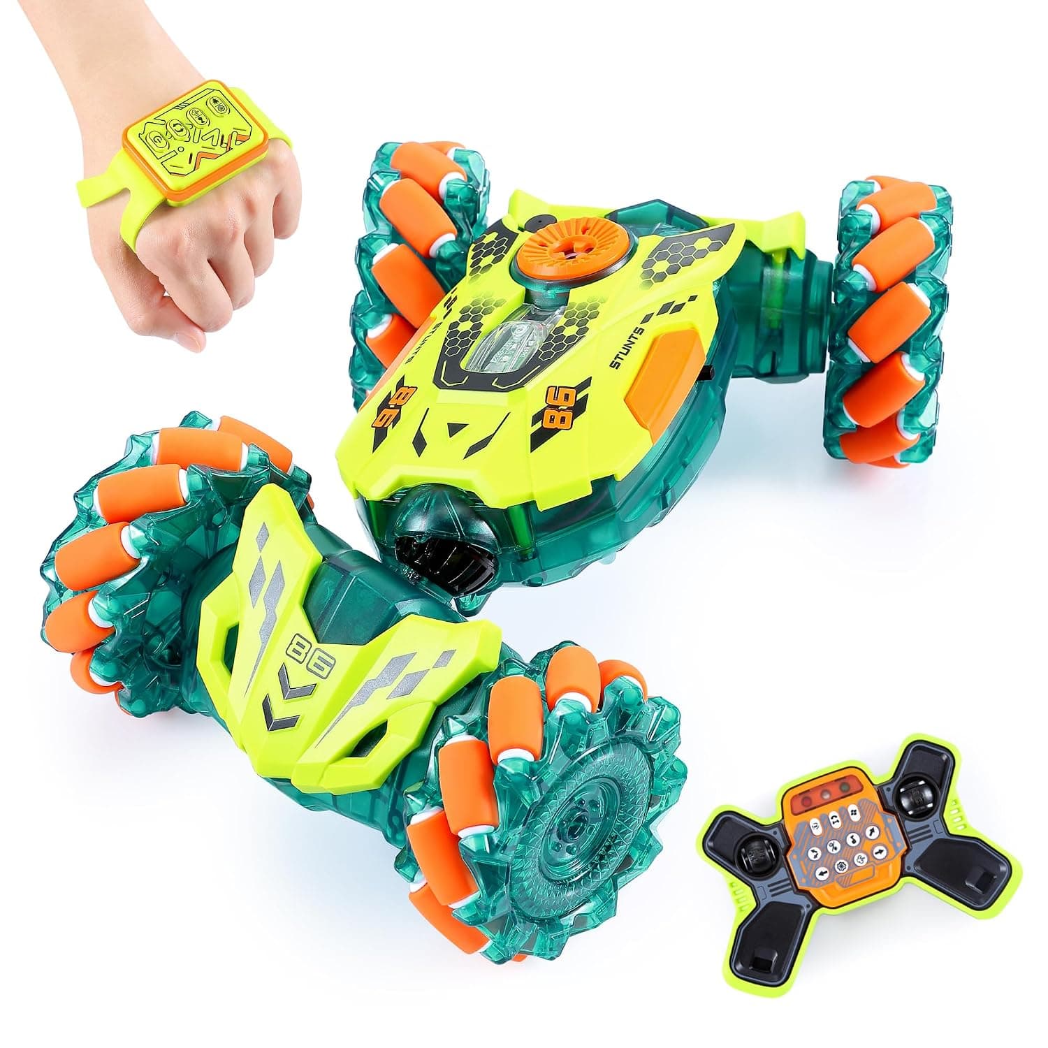 A ALPHA Remote Controlled Children's Car with Remote Control, 4WD 360° Rotation Off-Road RC Stunt Car with LED Light, 2.4GHz Car with Remote Control from 4 5 6 7 8 9 10+ Years