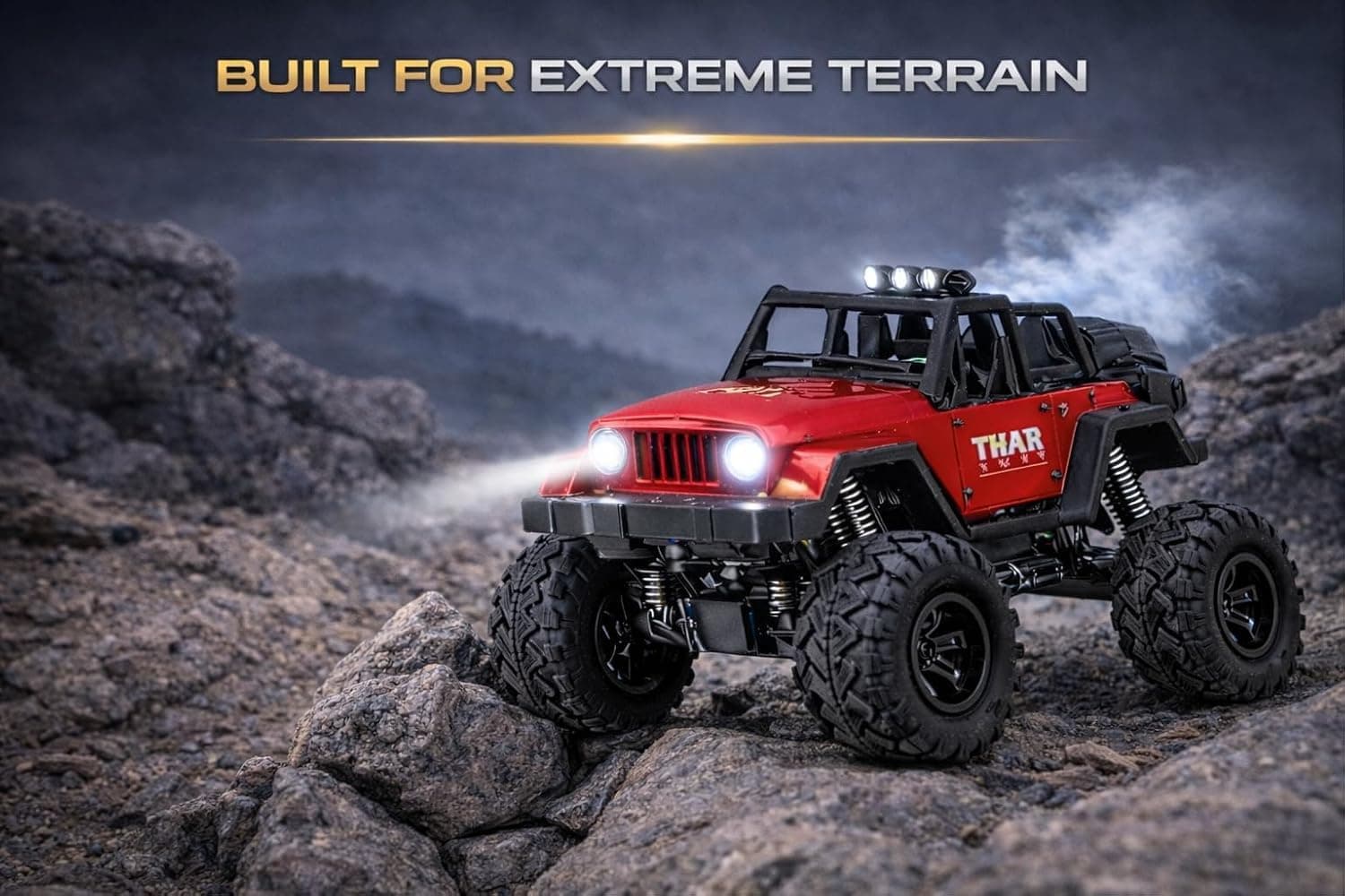Thar Roxx Remote Control Car 1:12 Scale with Mist Spray, LED Lights, Music, 45° Climbing, Type-C Rechargeable Off-Road RC Monster Jeep Toy 4x4 (Red)